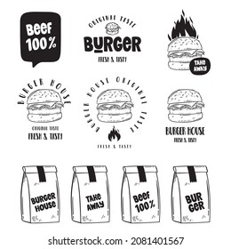 Juego de logotipo de la hamburguesa Doodle. Logotipos, emblemas y pegatinas de vectores hechos a mano para el restaurante. Dibujo de casa de trabajo de etiquetas en estilo ventero.