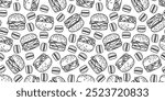 doodle burger pattern background. doodle fast food burger seamless pattern background. seamless pattern of hamburger in doodle style. Seamless Pattern of a Cheese Burger or Hamburger.