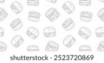 doodle burger pattern background. doodle fast food burger seamless pattern background. seamless pattern of hamburger in doodle style. Seamless Pattern of a Cheese Burger or Hamburger.