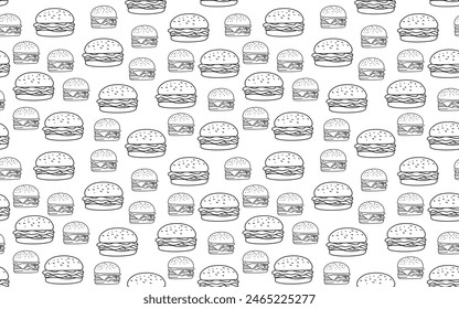 doodle burger pattern background. doodle fast food burger seamless pattern background. seamless pattern of burger in doodle style. Seamless Pattern of a Cheese Burger or Hamburger. 