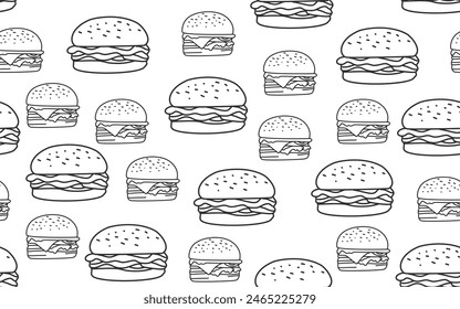 doodle burger pattern background. doodle fast food burger seamless pattern background. seamless pattern of burger in doodle style. Seamless Pattern of a Cheese Burger or Hamburger. 