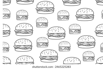 doodle burger pattern background. doodle fast food burger seamless pattern background. seamless pattern of burger in doodle style. Seamless Pattern of a Cheese Burger or Hamburger. 