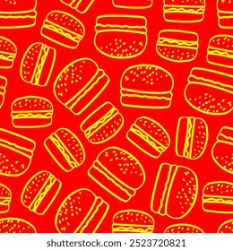 doodle burger pattern background. doodle fast food burger seamless pattern background. seamless pattern of hamburger in doodle style. Seamless Pattern of a Cheese Burger or Hamburger.
