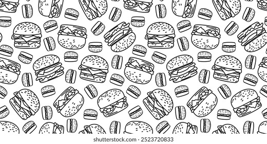 plano de fundo padrão de hambúrguer de doodle. plano de fundo padrão sem emenda de hambúrguer de fast food doodle. padrão sem emenda de hambúrguer em estilo de doodle. Padrão sem costura de um hambúrguer de queijo ou Hambúrguer.