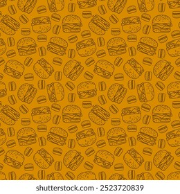 doodle burger pattern background. doodle fast food burger seamless pattern background. seamless pattern of hamburger in doodle style. Seamless Pattern of a Cheese Burger or Hamburger.