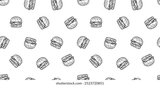 doodle burger pattern background. doodle fast food burger seamless pattern background. seamless pattern of hamburger in doodle style. Seamless Pattern of a Cheese Burger or Hamburger.