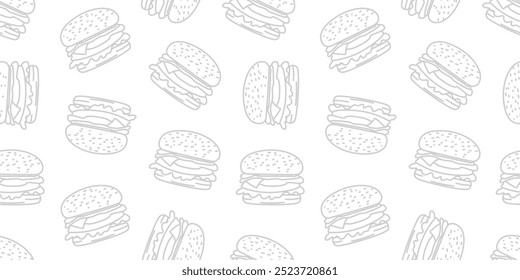 plano de fundo padrão de hambúrguer de doodle. plano de fundo padrão sem emenda de hambúrguer de fast food doodle. padrão sem emenda de hambúrguer em estilo de doodle. Padrão sem costura de um hambúrguer de queijo ou Hambúrguer.