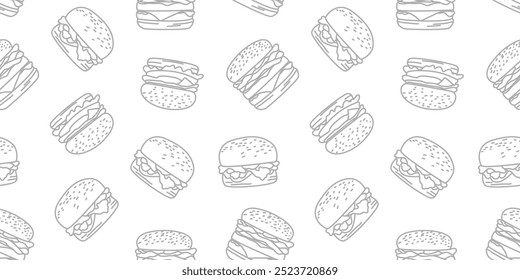 Doodle hamburguesa patrón de fondo. Doodle hamburguesa de comida rápida de fondo sin fisuras. patrón sin fisuras de hamburguesa en estilo doodle. Patrón sin fisuras de una hamburguesa de queso o hamburguesa.