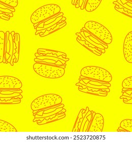 doodle burger pattern background. doodle fast food burger seamless pattern background. seamless pattern of hamburger in doodle style. Seamless Pattern of a Cheese Burger or Hamburger.
