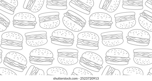doodle burger pattern background. doodle fast food burger seamless pattern background. seamless pattern of hamburger in doodle style. Seamless Pattern of a Cheese Burger or Hamburger.