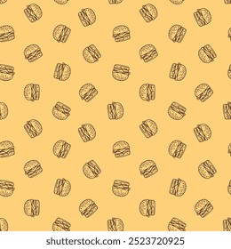 doodle burger pattern background. doodle fast food burger seamless pattern background. seamless pattern of hamburger in doodle style. Seamless Pattern of a Cheese Burger or Hamburger.