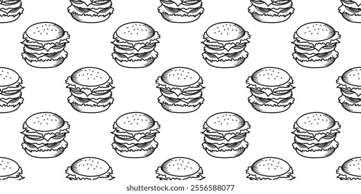 doodle burger pattern background. doodle fast food burger seamless pattern background. seamless pattern of burger in doodle style. Cheese Burger or Hamburger pattern.