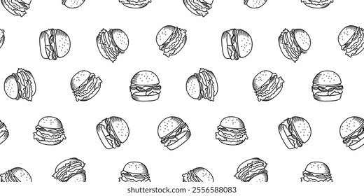 doodle burger pattern background. doodle fast food burger seamless pattern background. seamless pattern of burger in doodle style. Cheese Burger or Hamburger pattern.