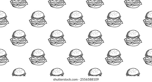 doodle burger pattern background. doodle fast food burger seamless pattern background. seamless pattern of burger in doodle style. Cheese Burger or Hamburger pattern.