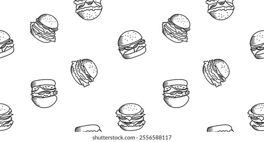 doodle burger pattern background. doodle fast food burger seamless pattern background. seamless pattern of burger in doodle style. Cheese Burger or Hamburger pattern.