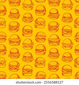 doodle burger pattern background. doodle fast food burger seamless pattern background. seamless pattern of burger in doodle style. Cheese Burger or Hamburger pattern.