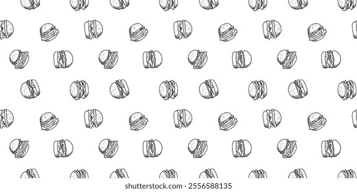 doodle burger pattern background. doodle fast food burger seamless pattern background. seamless pattern of burger in doodle style. Cheese Burger or Hamburger pattern.
