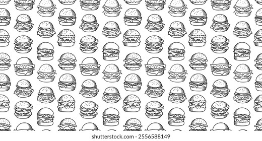 doodle burger pattern background. doodle fast food burger seamless pattern background. seamless pattern of burger in doodle style. Cheese Burger or Hamburger pattern.