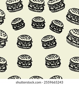 doodle burger pattern background. doodle fast food burger seamless pattern background. seamless pattern of hamburger in doodle style. Seamless Pattern of a Cheese Burger or Hamburger.