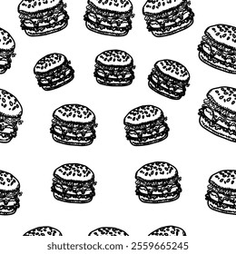 doodle burger pattern background. doodle fast food burger seamless pattern background. seamless pattern of hamburger in doodle style. Seamless Pattern of a Cheese Burger or Hamburger.