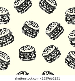 doodle burger pattern background. doodle fast food burger seamless pattern background. seamless pattern of hamburger in doodle style. Seamless Pattern of a Cheese Burger or Hamburger.