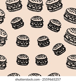 doodle burger pattern background. doodle fast food burger seamless pattern background. seamless pattern of hamburger in doodle style. Seamless Pattern of a Cheese Burger or Hamburger.