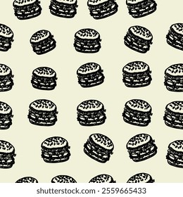 doodle burger pattern background. doodle fast food burger seamless pattern background. seamless pattern of hamburger in doodle style. Seamless Pattern of a Cheese Burger or Hamburger.