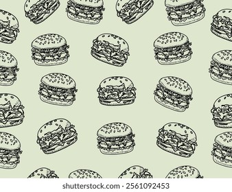 doodle burger pattern background. doodle fast food burger seamless pattern background. seamless pattern of hamburger in doodle style. Seamless Pattern of a Cheese Burger or Hamburger.