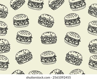 doodle burger pattern background. doodle fast food burger seamless pattern background. seamless pattern of hamburger in doodle style. Seamless Pattern of a Cheese Burger or Hamburger.