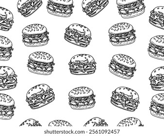 doodle burger pattern background. doodle fast food burger seamless pattern background. seamless pattern of hamburger in doodle style. Seamless Pattern of a Cheese Burger or Hamburger.