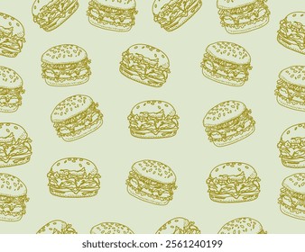 doodle burger pattern background. doodle fast food burger seamless pattern background. seamless pattern of hamburger in doodle style. Seamless Pattern of a Cheese Burger or Hamburger