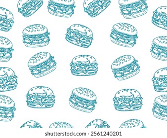 doodle burger pattern background. doodle fast food burger seamless pattern background. seamless pattern of hamburger in doodle style. Seamless Pattern of a Cheese Burger or Hamburger