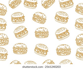 doodle burger pattern background. doodle fast food burger seamless pattern background. seamless pattern of hamburger in doodle style. Seamless Pattern of a Cheese Burger or Hamburger