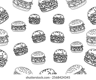 doodle burger pattern background. doodle fast food burger seamless pattern background. seamless pattern of hamburger in doodle style. Seamless Pattern of a Cheese Burger or Hamburger