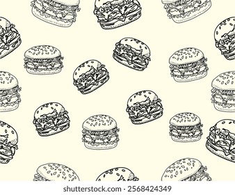 doodle burger pattern background. doodle fast food burger seamless pattern background. seamless pattern of hamburger in doodle style. Seamless Pattern of a Cheese Burger or Hamburger