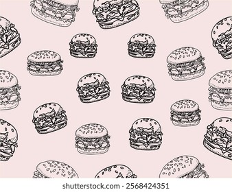 doodle burger pattern background. doodle fast food burger seamless pattern background. seamless pattern of hamburger in doodle style. Seamless Pattern of a Cheese Burger or Hamburger