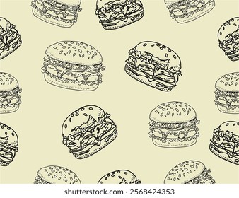 doodle burger pattern background. doodle fast food burger seamless pattern background. seamless pattern of hamburger in doodle style. Seamless Pattern of a Cheese Burger or Hamburger