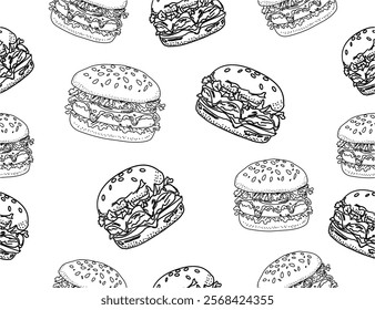 doodle burger pattern background. doodle fast food burger seamless pattern background. seamless pattern of hamburger in doodle style. Seamless Pattern of a Cheese Burger or Hamburger