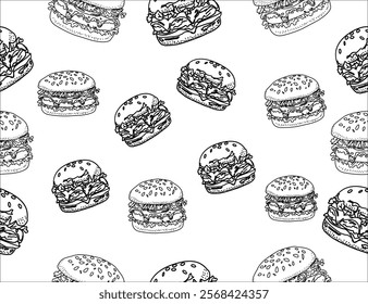 doodle burger pattern background. doodle fast food burger seamless pattern background. seamless pattern of hamburger in doodle style. Seamless Pattern of a Cheese Burger or Hamburger