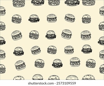 doodle burger pattern background. doodle fast food burger seamless pattern background. seamless pattern of hamburger in doodle style. Seamless Pattern of a Cheese Burger or Hamburger.