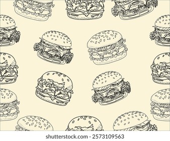 doodle burger pattern background. doodle fast food burger seamless pattern background. seamless pattern of hamburger in doodle style. Seamless Pattern of a Cheese Burger or Hamburger.