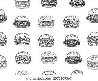 doodle burger pattern background. doodle fast food burger seamless pattern background. seamless pattern of hamburger in doodle style. Seamless Pattern of a Cheese Burger or Hamburger.