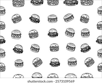 doodle burger pattern background. doodle fast food burger seamless pattern background. seamless pattern of hamburger in doodle style. Seamless Pattern of a Cheese Burger or Hamburger.