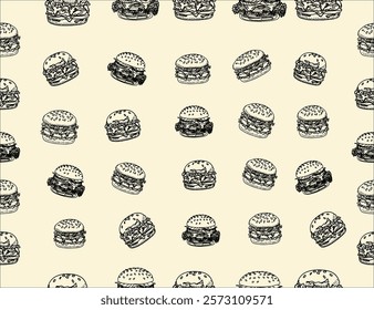 doodle burger pattern background. doodle fast food burger seamless pattern background. seamless pattern of hamburger in doodle style. Seamless Pattern of a Cheese Burger or Hamburger.