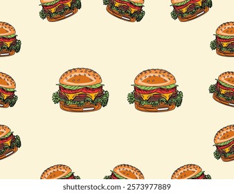 Doodle burger pattern background. Doodle fast food burger seamless pattern background. seamless pattern of hamburger in doodle style. Seamless Pattern of a Cheese Burger or Hamburger.