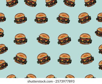 Doodle burger pattern background. Doodle fast food burger seamless pattern background. seamless pattern of hamburger in doodle style. Seamless Pattern of a Cheese Burger or Hamburger.