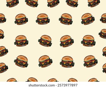 Doodle burger pattern background. Doodle fast food burger seamless pattern background. seamless pattern of hamburger in doodle style. Seamless Pattern of a Cheese Burger or Hamburger.