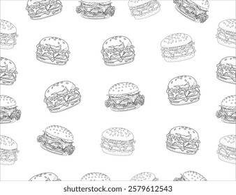 doodle burger pattern background. doodle fast food burger seamless pattern background. seamless pattern of hamburger in doodle style. Seamless Pattern of a Cheese Burger or Hamburger.