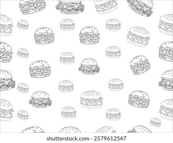 doodle burger pattern background. doodle fast food burger seamless pattern background. seamless pattern of hamburger in doodle style. Seamless Pattern of a Cheese Burger or Hamburger.