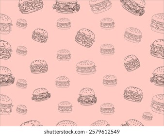 doodle burger pattern background. doodle fast food burger seamless pattern background. seamless pattern of hamburger in doodle style. Seamless Pattern of a Cheese Burger or Hamburger.